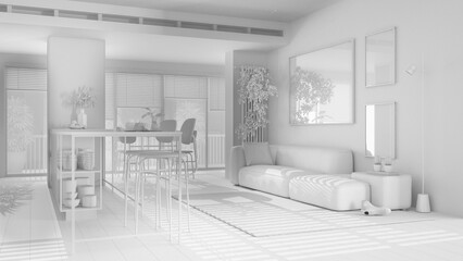 Total white project draft, living and dining room in modern panoramic apartment. Island with stools, table with chairs, sofa, carpet and decors. Interior design concept
