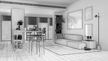 Unfinished project draft, living and dining room in modern panoramic apartment. Island with stools, table with chairs, sofa, carpet and decors. Interior design concept