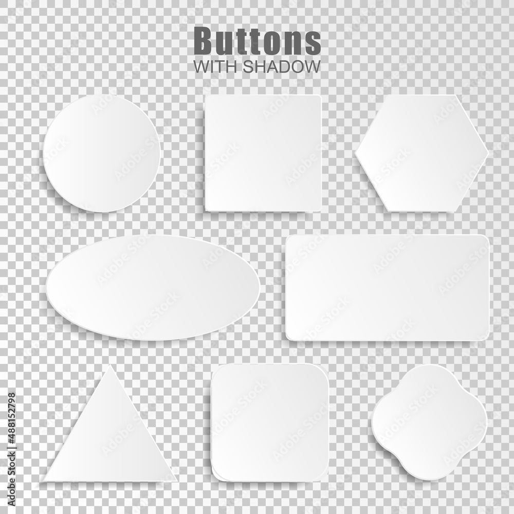 Poster vector white blank button set. round square rounded buttons on a transparent background