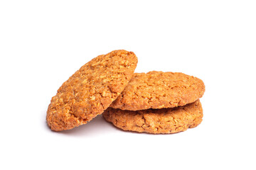 Oat vanilla sugar cookies isolated on white background. Close-up view of brown yellow snacks. Macro shot of beige biscuit cakes for your design