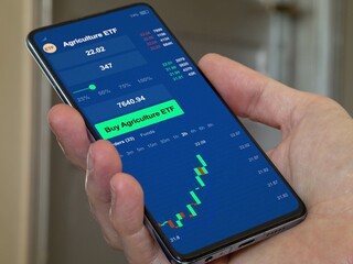 World exchange agricultural chart agri fund, etf market data on smartphone. Business analysis of an ETF. Invest in wheat, cereals, sunflower exchange-traded fund. Buying commodity agriculture fund
