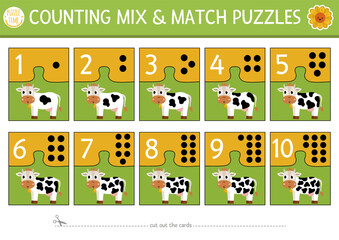 Vector on the farm mix and match puzzle with cute cow and spots. Matching math activity for preschool children. Educational printable counting match up game for kids with farm animal.