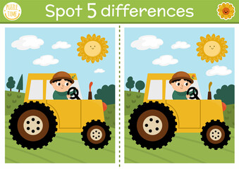 Find differences game for children. On the farm educational activity with cute farmer on tractor. Farm puzzle for kids with countryside landscape. Rural village printable worksheet or page.