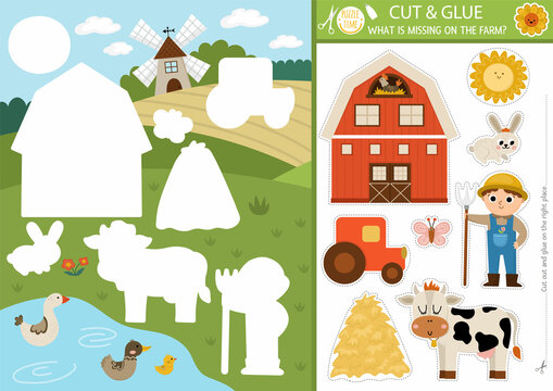 Vector on the farm cut and glue activity. Crafting game with cute rural village landscape map. Fun printable worksheet for children. Find the right piece of the puzzle. Complete the picture.