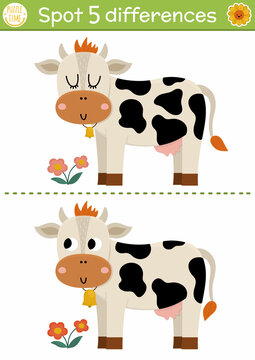 Find differences game for children. On the farm educational activity with  cute cow. Farm puzzle for kids with farm animal. Rural village printable  worksheet or page. vector de Stock | Adobe Stock