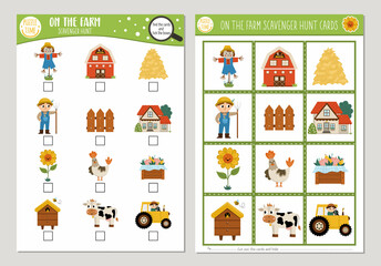 Vector on the farm scavenger hunt cards set. Seek and find game with cute barn, farmer, cow for kids. Rural countryside searching activity. Simple educational printable worksheet.