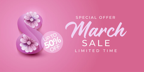8 March happy womens day sale banner with flower between symbol eight