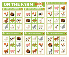 Vector farm animals bingo cards set. Fun family lotto board game with cute goat, pig, horse, cow for kids. Rural countryside lottery activity. Simple educational printable worksheet..