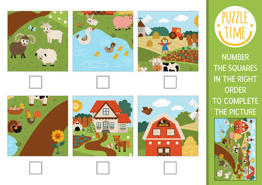 Vector on the farm activity. Garden complete the picture logic game with farm landscape. Fun printable worksheet for kids. Find right piece of the puzzle. Number squares in the right order.