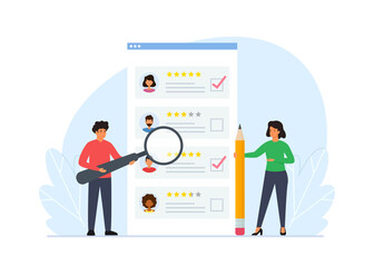 Vector illustration of choice of worker or personnel. Concept of choosing best candidate for job. Man and woman standing in front of list of job applicants.