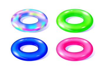 Set of rubber inflatable rings isolated on white background. Swimming colorful ring icons. Vector realistic illustration innertube. Design for poster, banner, print