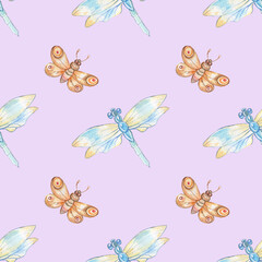 Watercolor seamless pattern with dragonfly and butterfly isolated on violet background.For fabrics,textile and prints.