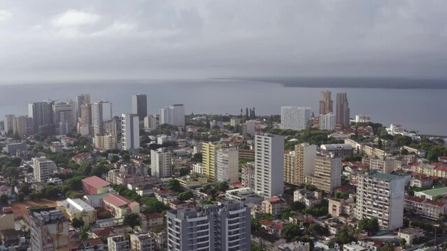 Aerial view Maputo Mozambique. The African capital with high-rise buildings by the ocean, downtown Mits and beautiful cityscape.