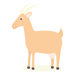Cute goat. Pet. Vector illustration in cartoon style. Light brown fur. Udder with goat milk. Farm pets. Domestic animal. Village life. White background of card design.
