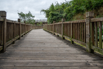 Fototapeta premium There is a wooden plank road in the park