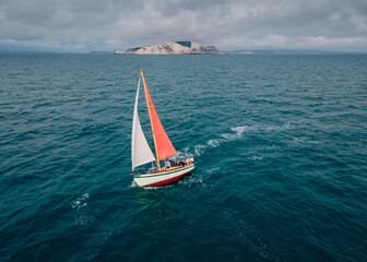 classic sailing yacht on the sea from above