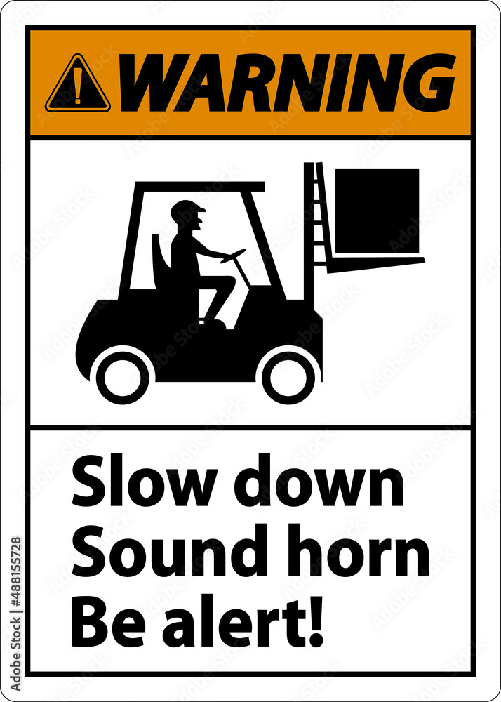 Sticker warning 2-way slow down sound horn sign on white background