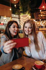 Two best friends sitting in coffee bar or restaurant after shopping and happily talking together. They are using smart phone to take selfie photo.