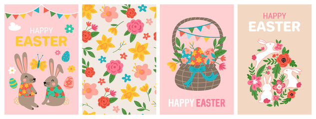 Easter holiday cute greeting cards set with bunny, flowers and Easter eggs. Childish print for cards, stickers and banner