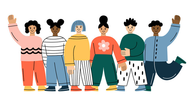 Trendy cute people characters design for diversity, teamwork and friendship concept.  Childish print for cards, poster and banner