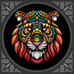 Colorful tiger head zentangle arts, isolated on black background 