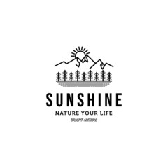 sunrise mountain pine tree lake line art logo vector minimalist illustration design, sunshine logo design