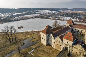 Obraz premium Aerial view over Svirzh Castle in Lviv region, Ukraine.