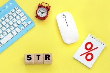 Wooden cubes with word str. Alarm clock, keyboard, mouse