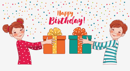 Smiling kids with presents. Happy Birthday vector illustration. Cute boy and girl