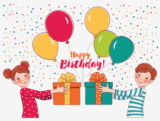 Smiling kids with presents. Happy Birthday vector illustration. Cute boy and girl