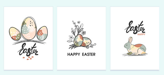 Fototapeta premium Happy Easter drawing invitation holiday cards. Easter background with rabbits and an egg. Vector