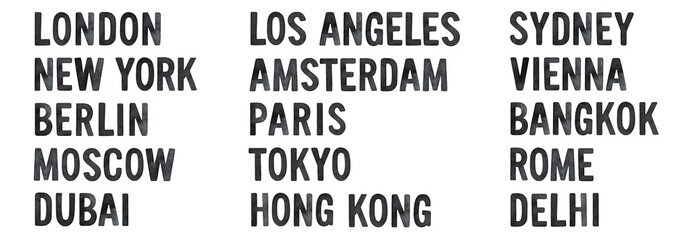 Watercolour illustration collection of various world famous cities lettering. Hand drawn with black ink on white backdrop. Cutout clip art elements for design, banner, stickers, poster, t-shirt print. © Julija