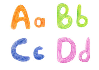 A B C D letters of the alphabet drawn with wax crayons. Suitable for print, postcard, sketchbook cover, poster, stickers, your design.