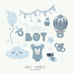 Clipart with cute gender party and baby shower objects for a boy in trendy doodle and cartoon style. Baby reveal concept. Ready for nursery room, decorations for posters, banners, greeting cards