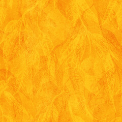 Seamless botanical pattern in juicy yellows. Tropical exotic leaves and mangoes are intertwined in an abstract background. Expensive and elite