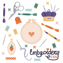 Cute vector collection with sewing and embroidery tools. Pins, needle pad, needle, scissors, wool and spool of threads. Vector illustration for design and print