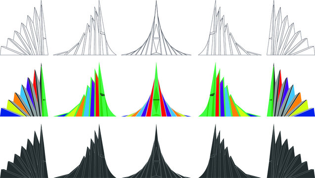 Sriti Shoudho icon set. The National Martyrs Monument of Bangladesh was set up in memory of 26 March as the Independence Day and 16 December as the Victory Day. Colorful line art shape collection.