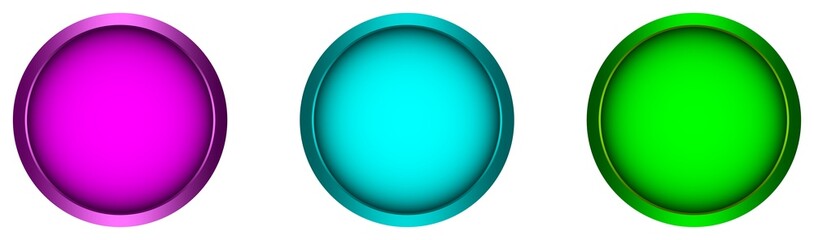 Violett button, Cyan button, Grün button, Vektor Set in verschiedenen Farben auf einem weißen isolierten Hintergrund.