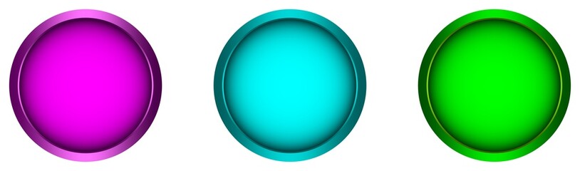 Violett button, Cyan button, Grün button, Vektor Set in verschiedenen Farben auf einem weißen isolierten Hintergrund.