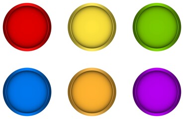 Rot button, Gelb button, Grün button, Blau button, Orange button, Violett button Vektor Set in verschiedenen Farben auf einem weißen isolierten Hintergrund.