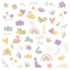 Abstract collection of scandinavian style baby elements isolated on white background. Cute baby wallpaper. Rainbow, cloud, rabbits, flowers, geometric shapes and abstractions.Vector, boho style.