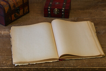 an open, clean old notebook for writing on an old wooden table