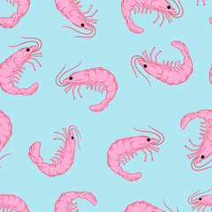 Pink Prawn pattern. Seamless hand drawn vector pattern . Seafood concept. Mediterranean food pattern. Seafood texture design for web banner and print.