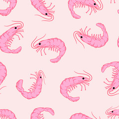 Pink Prawn pattern. Seamless hand drawn vector pattern . Seafood concept. Mediterranean food pattern. Seafood texture design for web banner and print.