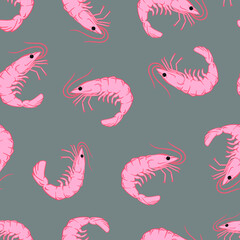 Pink Prawn pattern. Seamless hand drawn vector pattern . Seafood concept. Mediterranean food pattern. Seafood texture design for web banner and print.