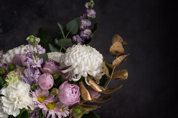 bouquet in vintage style of chrysanthemums, roses and golden decorative leaves. Floral composition...
