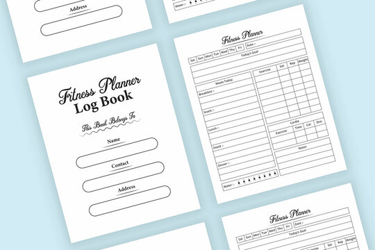 Fitness planner KDP interior notebook. Daily exercise routine and daily nutrition planner journal template. KDP interior log book. Fitness planner and daily meal planner journal interior.