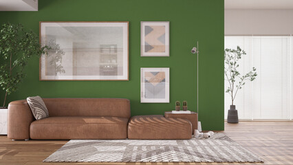 Modern minimalist green and wooden living room in contemporary apartment with parquet. Brown leather sofa with pillow, capet, floor lamp and potted plants.Interior design concept