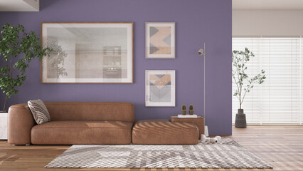 Modern minimalist liliac and wooden living room in contemporary apartment with parquet. Brown leather sofa with pillow, capet, floor lamp and potted plants.Interior design concept