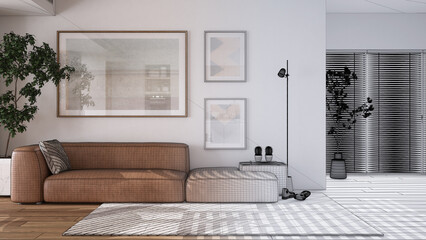 Architect interior designer concept: hand-drawn draft unfinished project that becomes real, living room with parquet. Leather sofa with pillow, capet, floor lamp and potted plants